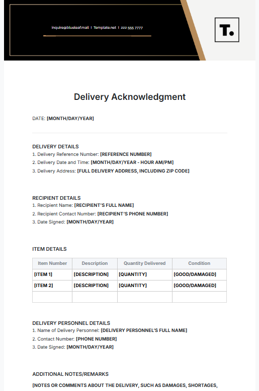 Delivery Acknowledgement Template by Template.Net