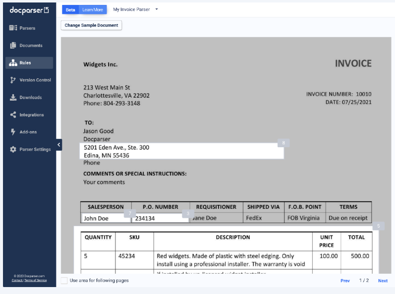Dashboard Docparser: Parser PDF