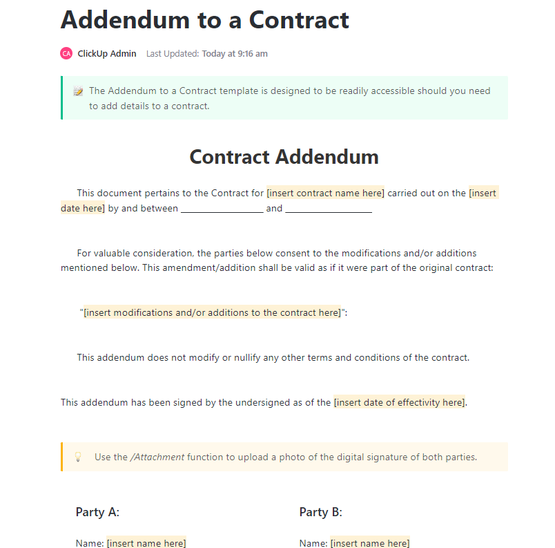 Modifica o amplía fácilmente los acuerdos existentes con la plantilla de anexo a un contrato de ClickUp