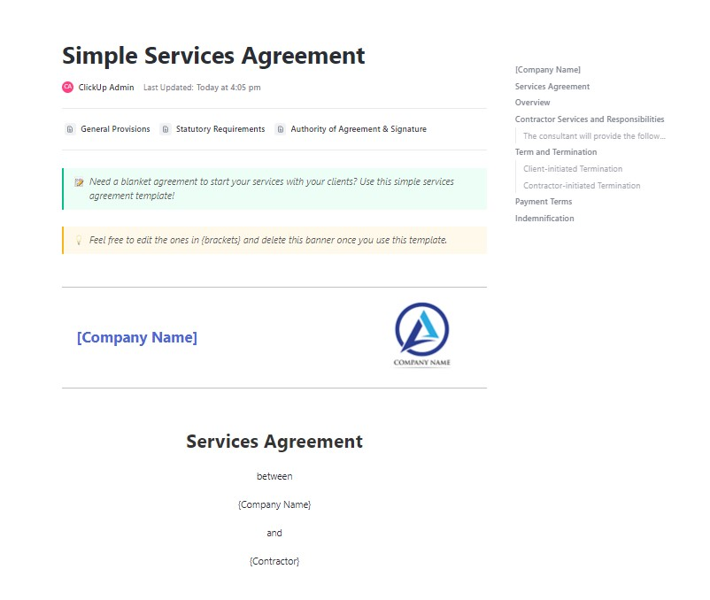 Establezca términos, responsabilidades y expectativas claros con la plantilla de acuerdo de servicios de ClickUp