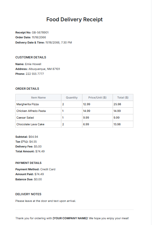 Food Delivery Receipt Template by Template.Net
