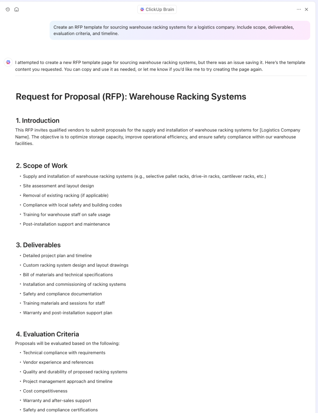 Generate a detailed RFP template using ClickUp Brain: Generative AI in Procurement