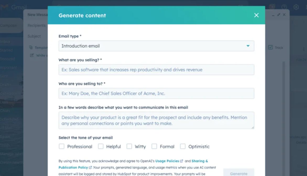 Hubspot Dashboard: ai email marketing generator