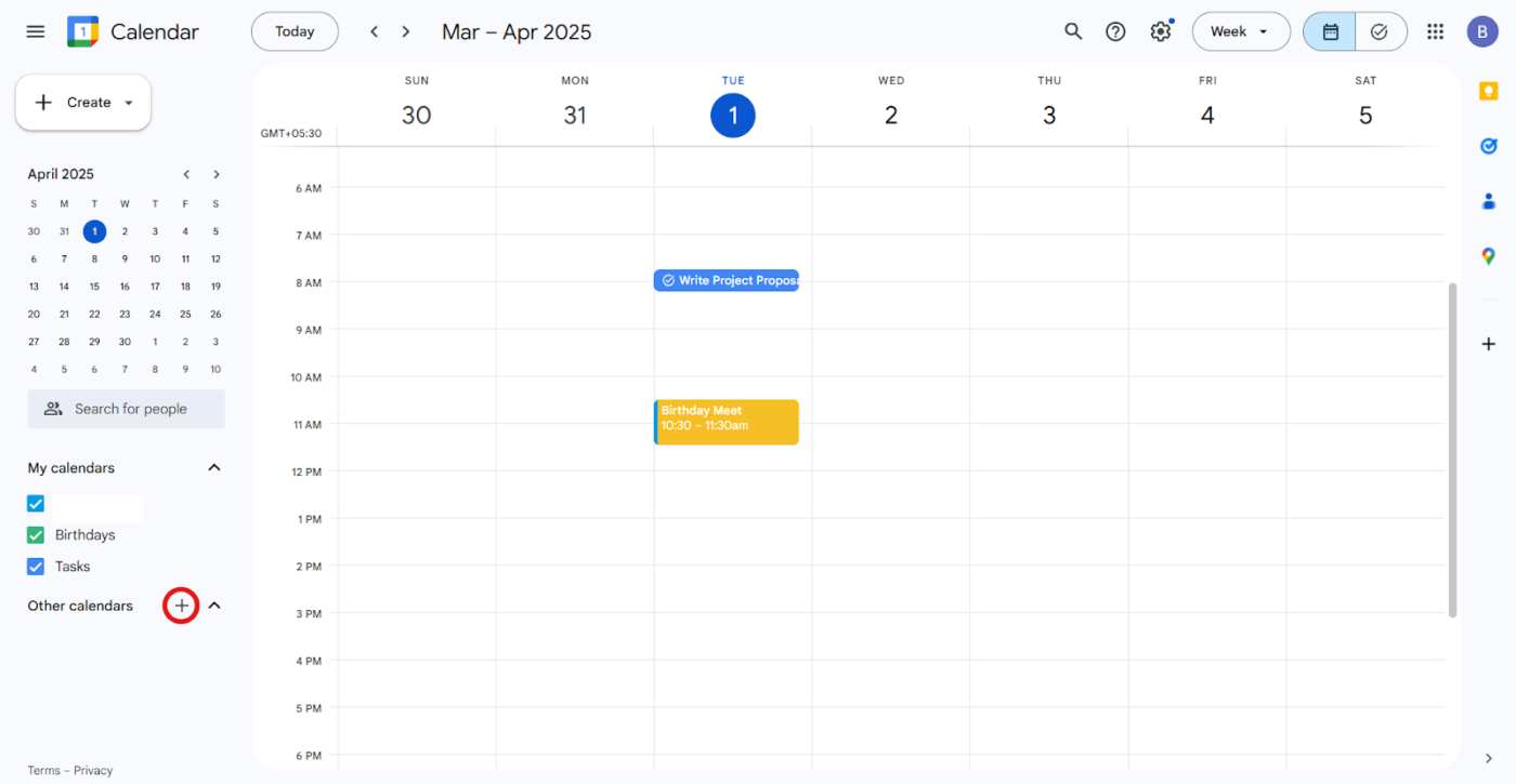 Barra lateral izquierda Otros calendarios Crear nuevo calendario