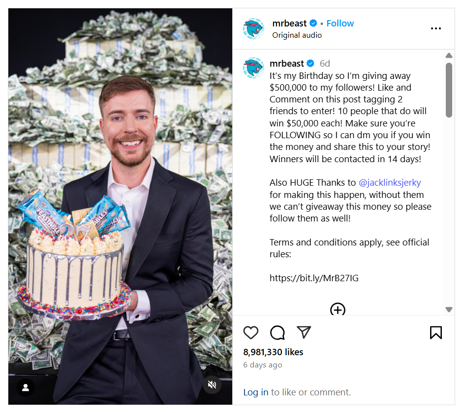 Chương trình tặng quà sinh nhật của Mr Beast trên Instagram: Các phương pháp tương tác với khán giả vlog