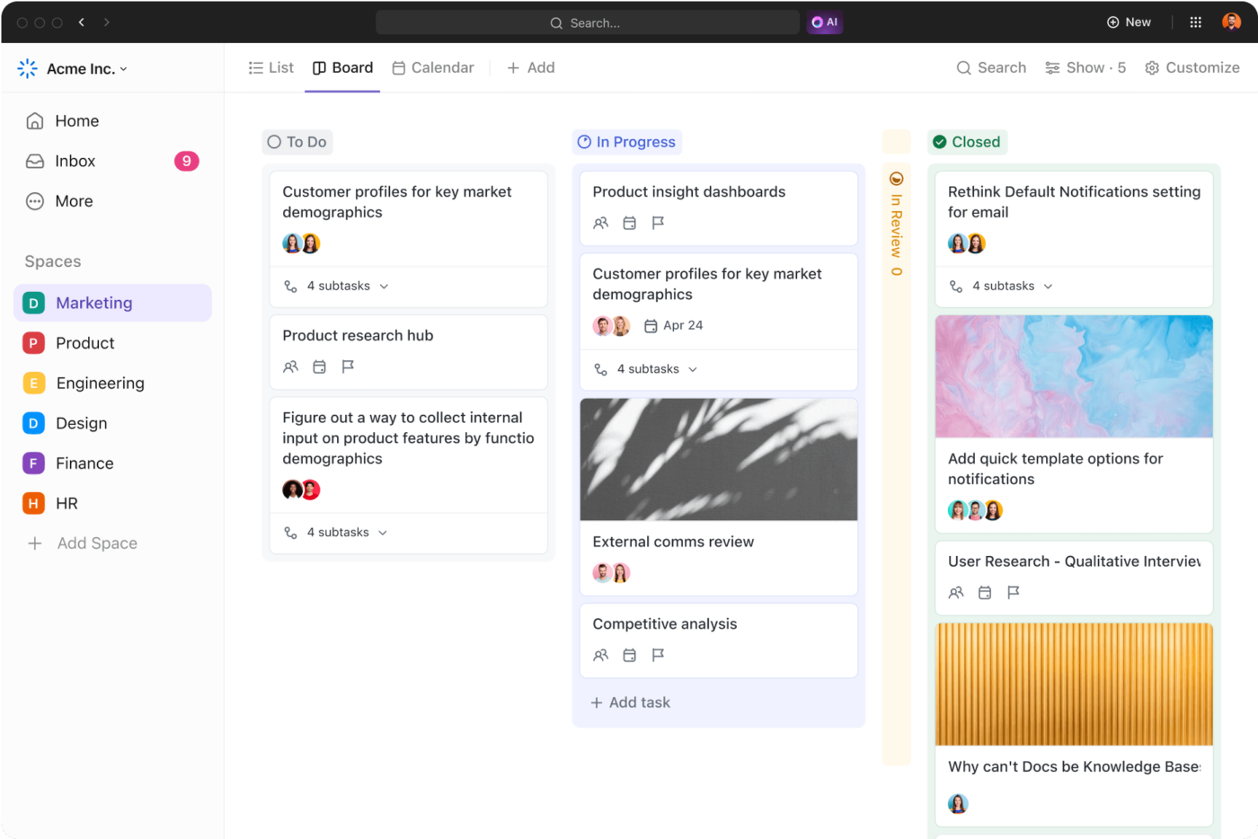 Organize e acompanhe tarefas por meio de colunas personalizáveis na visualização do quadro Kanban do ClickUp