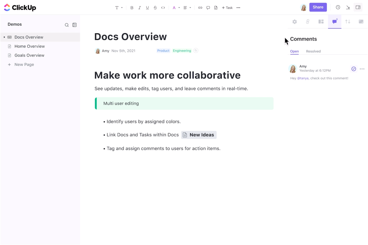 Organize ideas in a collaborative, interactive document with ClickUp Docs: ai email marketing generator
