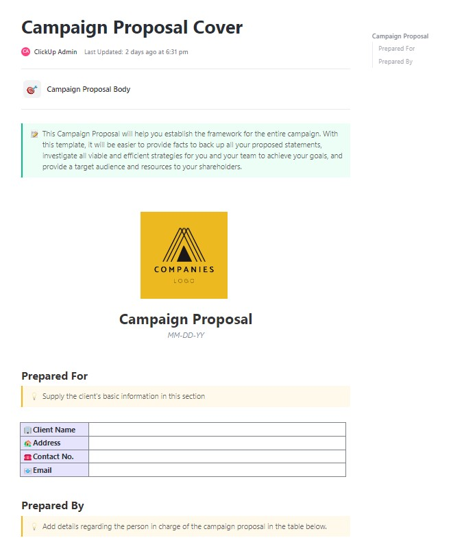 Presenta las metas, estrategias y conocimientos sobre la audiencia de la campaña con la plantilla de propuesta de campaña de ClickUp