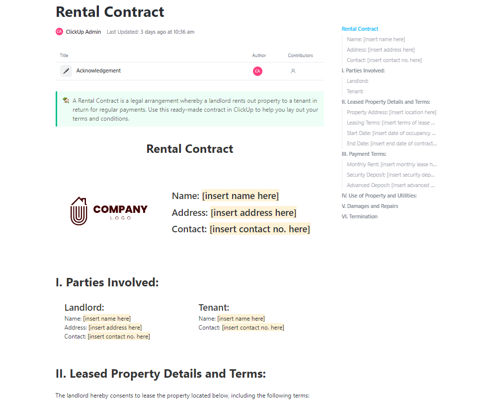 Rental Contract Template