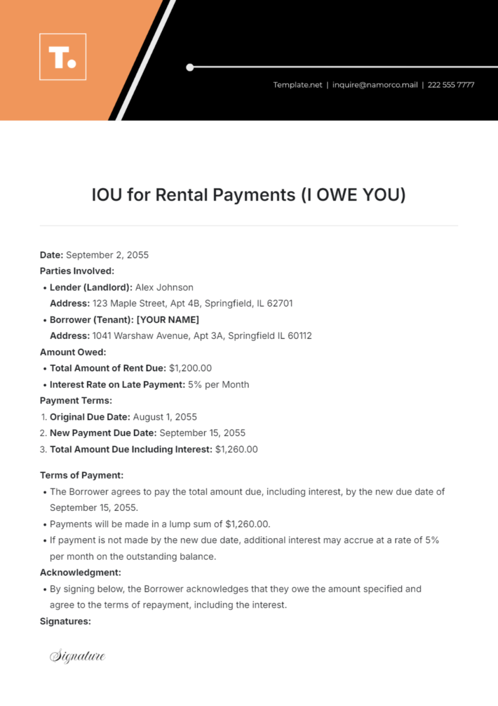 Rental Payment IOU Template by Template.net: IOU Template