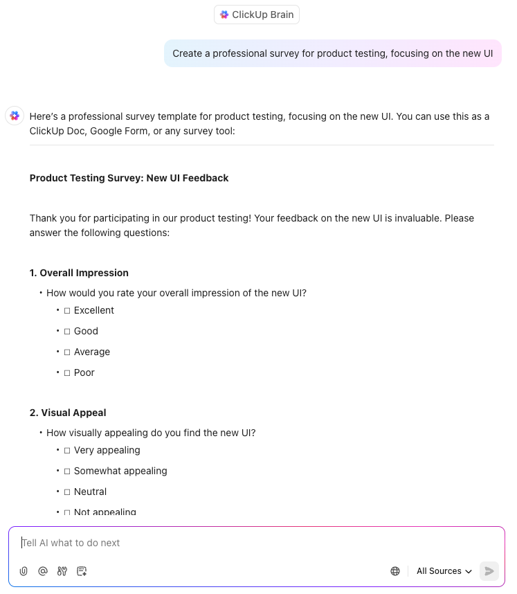 ClickUp Brain survey questions