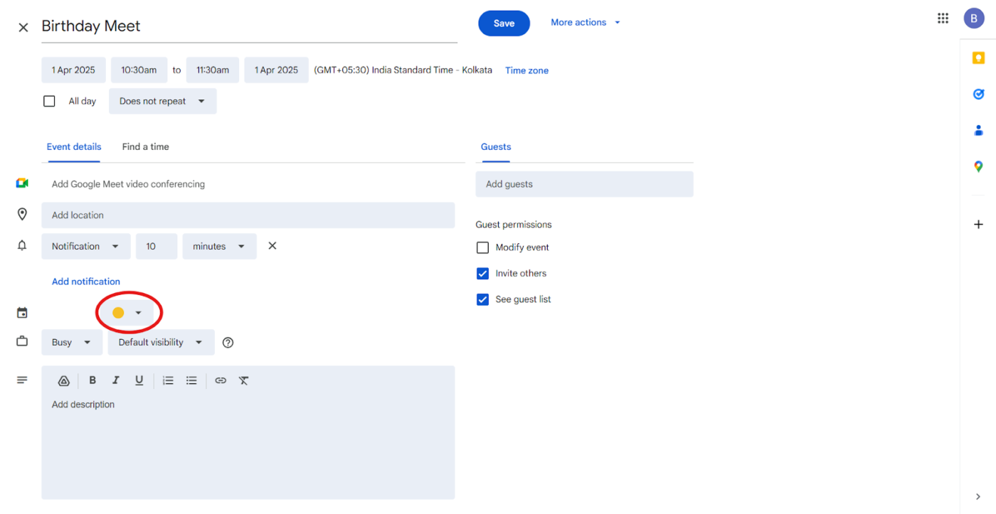 Seleccione el círculo de color para cambiar los tonos: Cómo codificar por colores Google Calendar