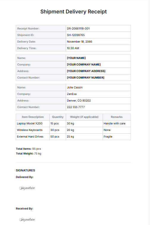 Shipment Delivery Receipt Template by Template.Net