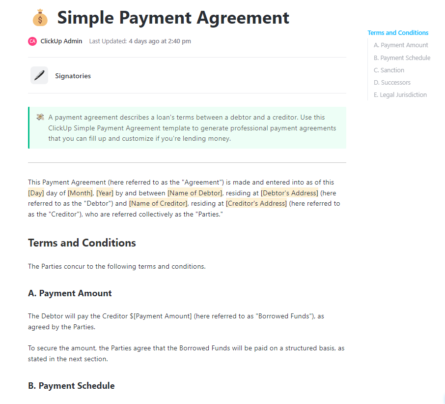 Simple Payment Agreement Template