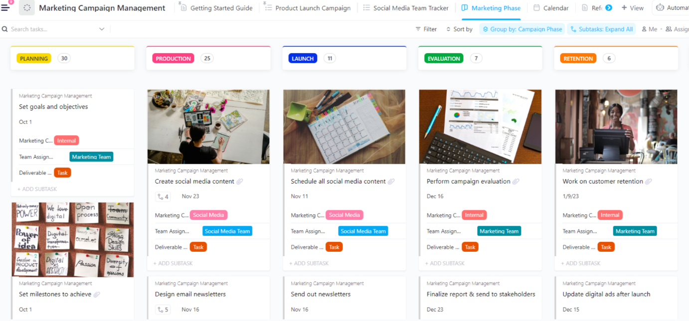Sederhanakan dan atur kampanye pemasaran Anda dengan Template Manajemen Kampanye Pemasaran ClickUp