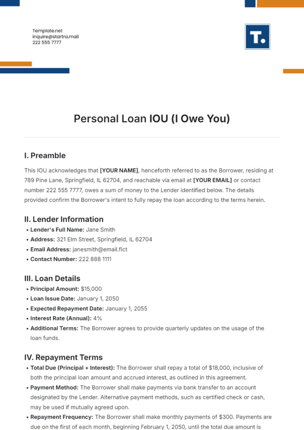 Personal Loan IOU Template by Template.net: IOU Template