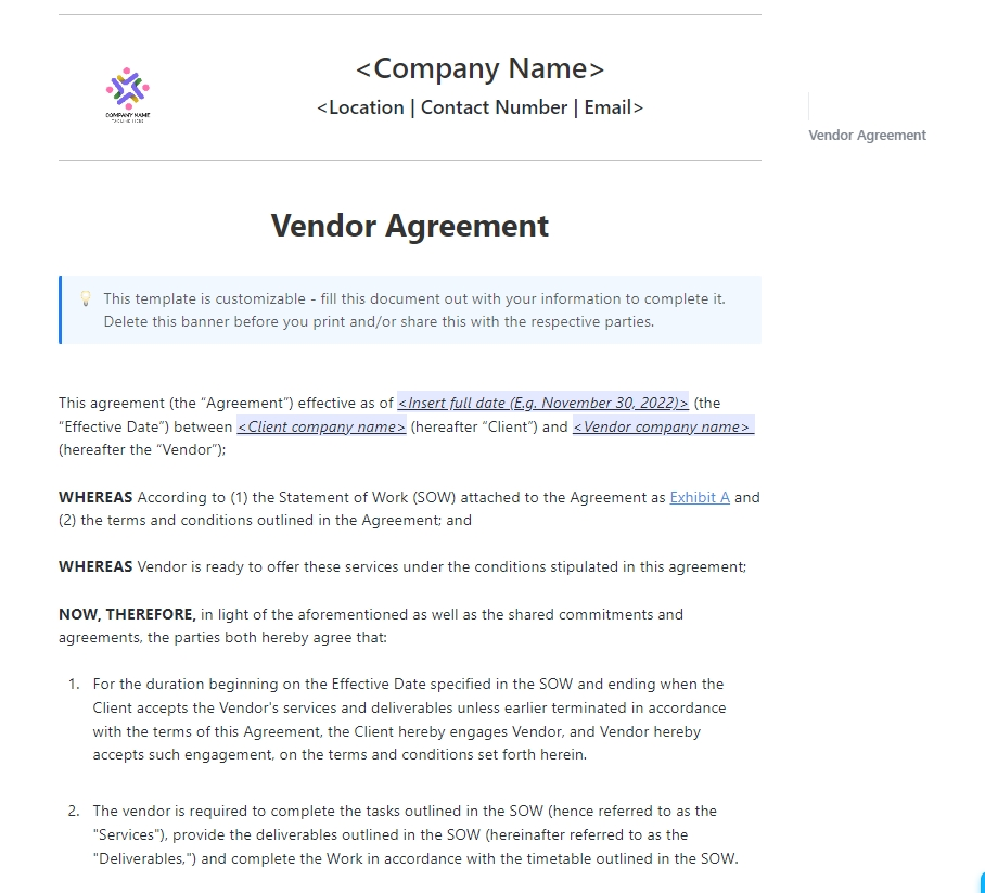 Vendor Agreement Template