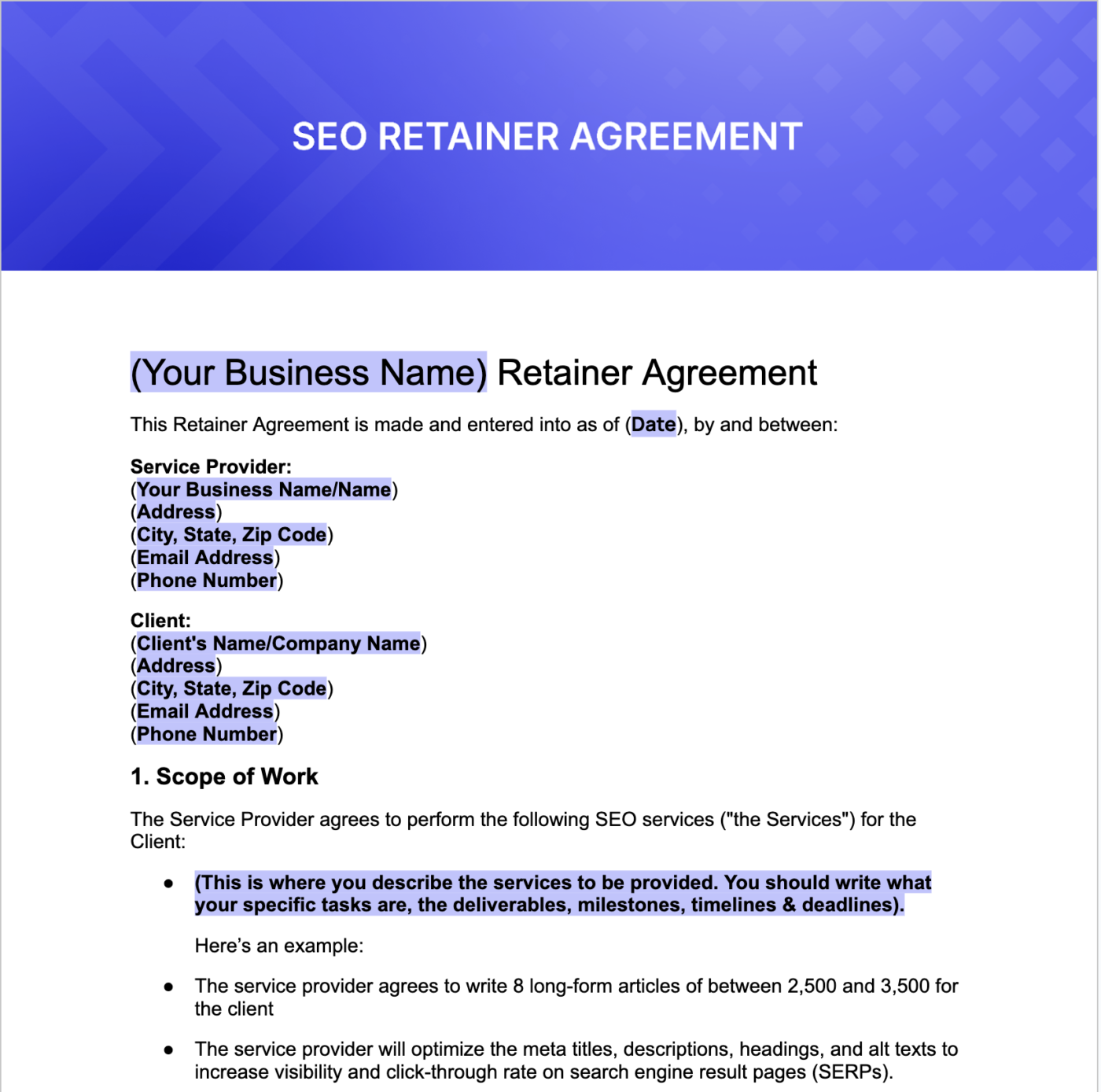Plantilla de contrato de servicios SEO por Many Requests
