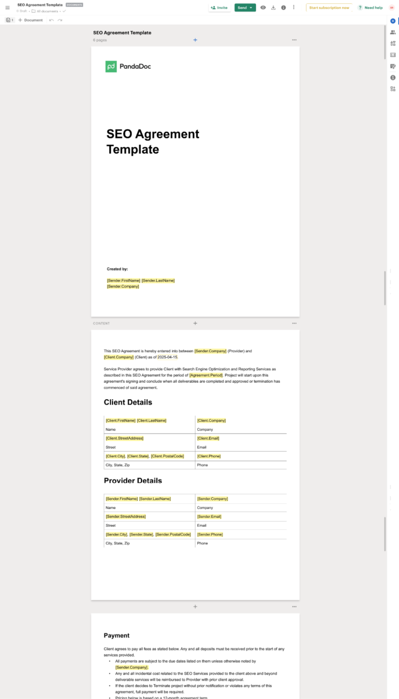 Plantilla de contrato SEO de PandaDoc