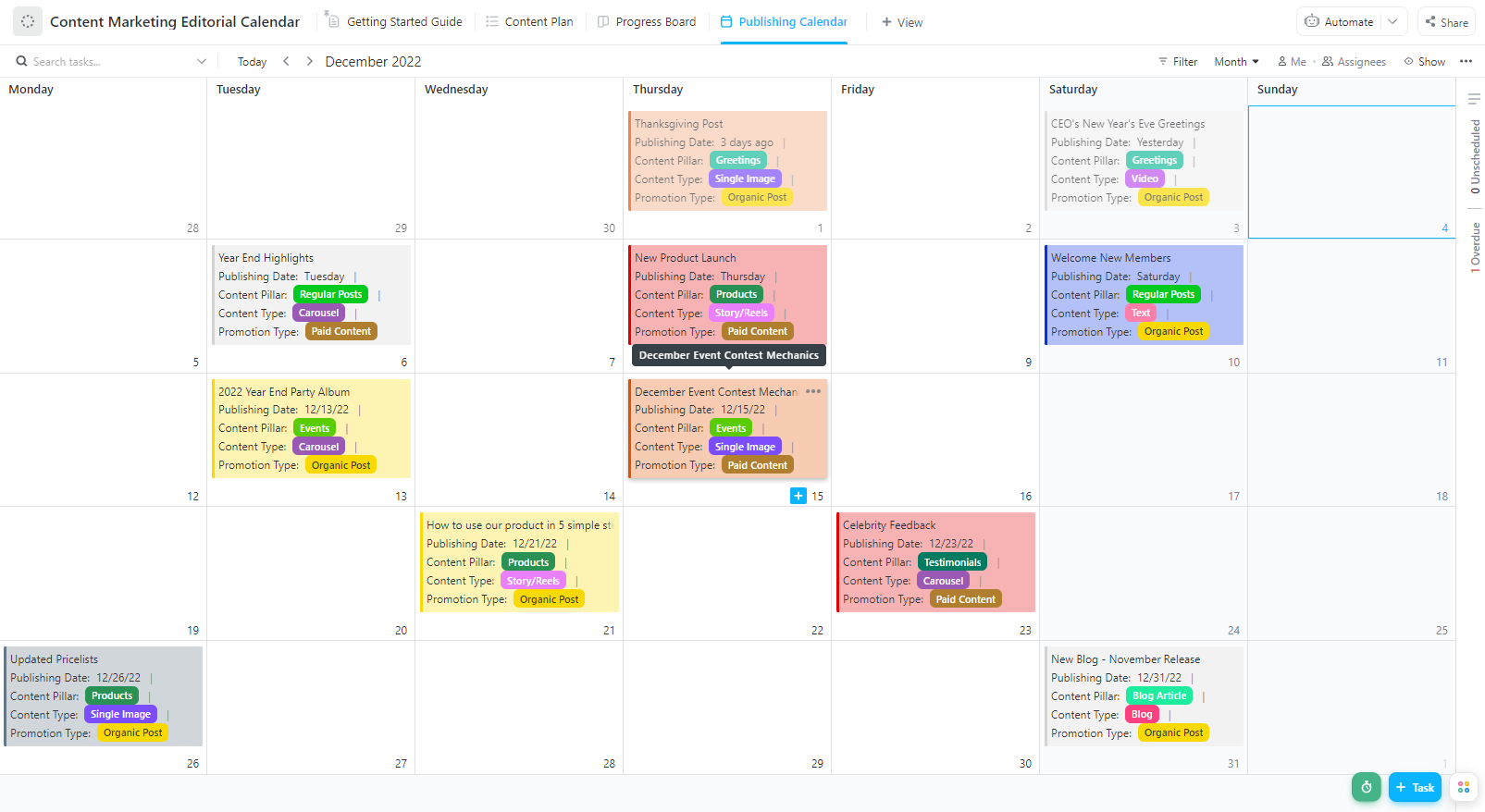 Visualisasikan dan kelola alur kerja pemasaran konten Anda dengan templat kalender editorial pemasaran konten ClickUp
