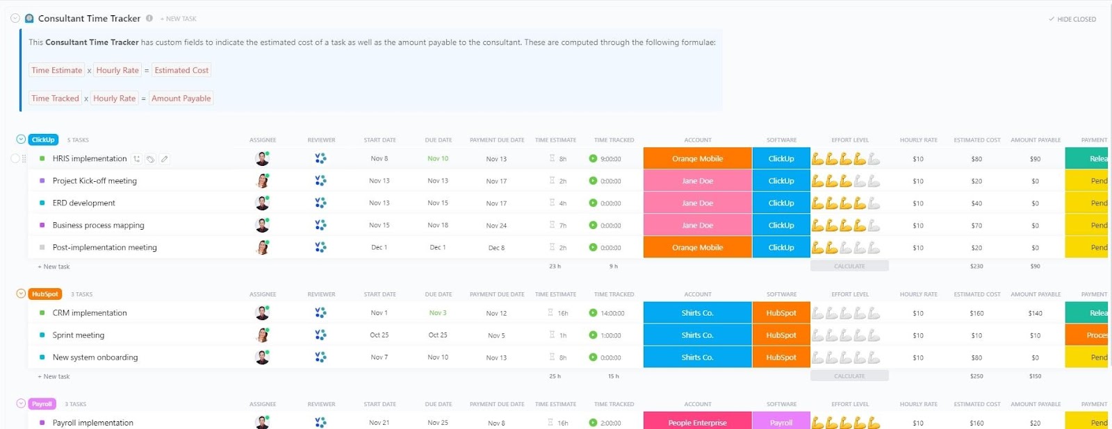 Plantilla de hoja de horas para la construcción: Plantilla de control de tiempo para ClickUp Consultant