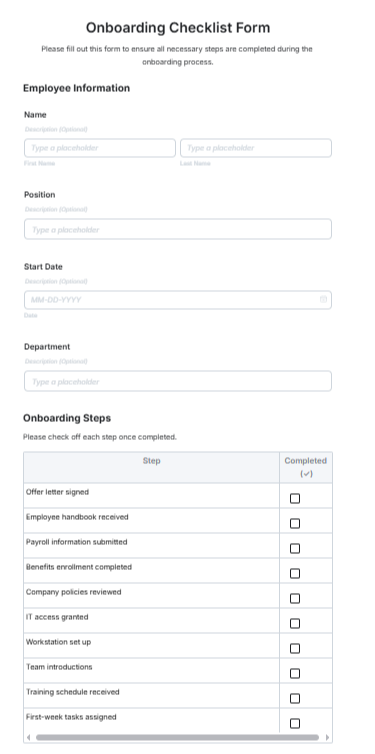 Onboarding Checklist Form Template by Template.net