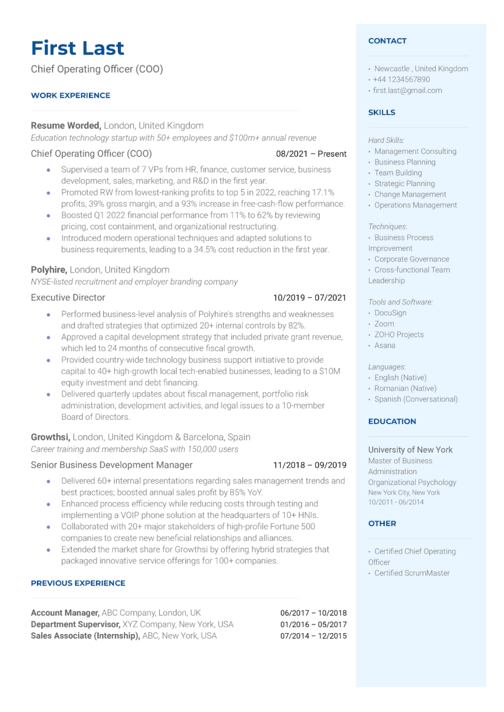Mẫu sơ yếu lý lịch COO PDF của Resume Worded