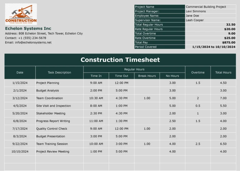 Plantilla de hoja de horas para la construcción: Excel/Hojas de cálculo de Google Plantilla de hoja de horas para la construcción de Coefficient