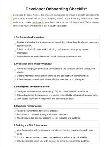 New Hire Checklist Template: Developer Onboarding Checklist Template by Template.net