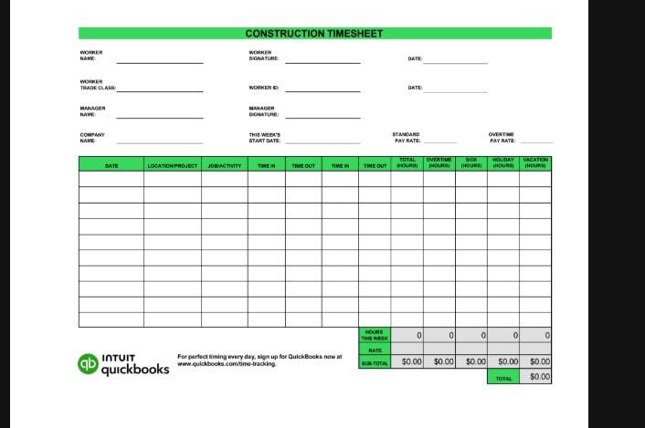 Plantilla de hoja de horas de construcción en Word de Quickbooks