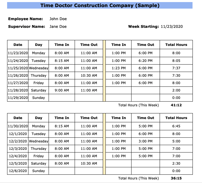 Plantilla de hoja de horas para la construcción: Excel/Word Plantilla de hoja de horas quincenal para la construcción de Time Doctor