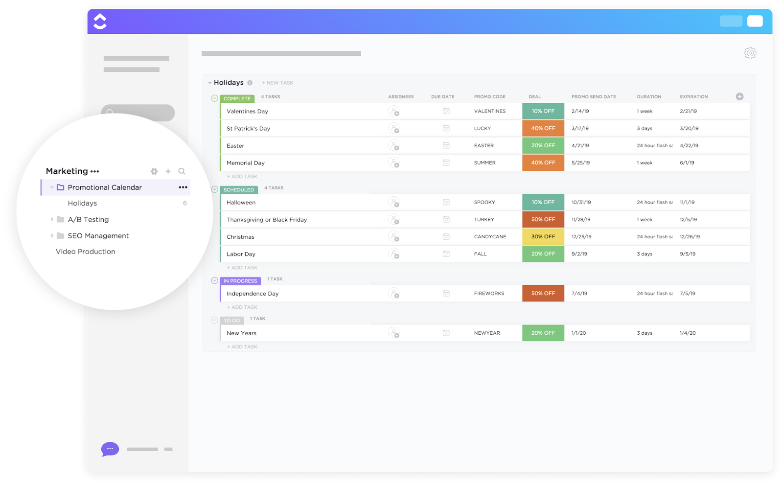 Content Plan Template: ClickUp Promotional Calendar Template