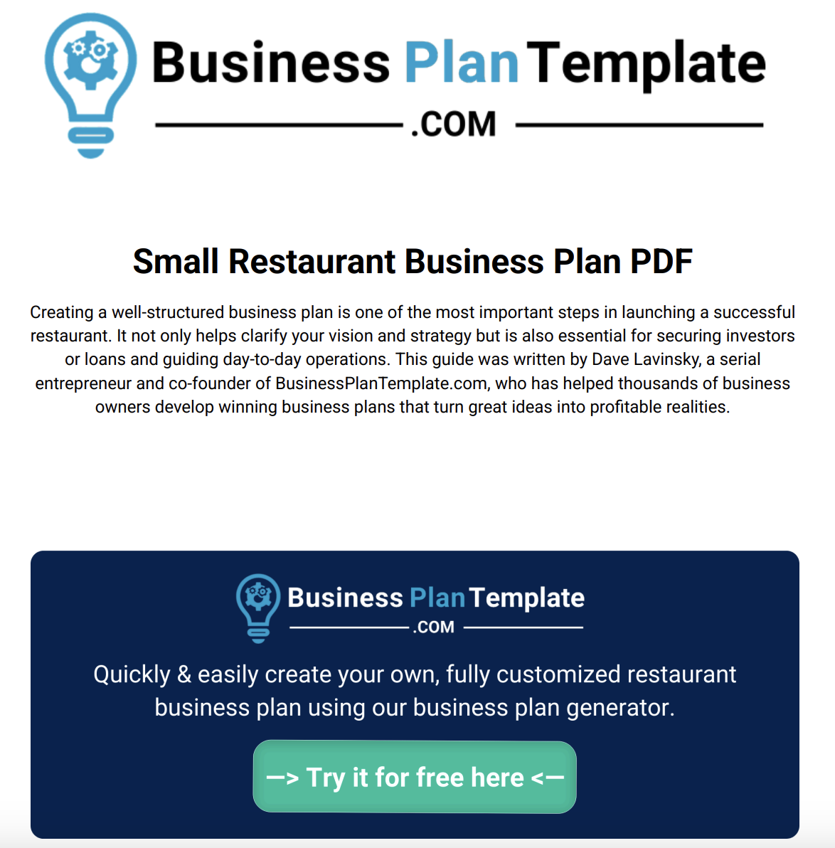 Restaurant Business Plan Template: Small Restaurant Business Plan PDF Template by BusinessPlanTemplate.com