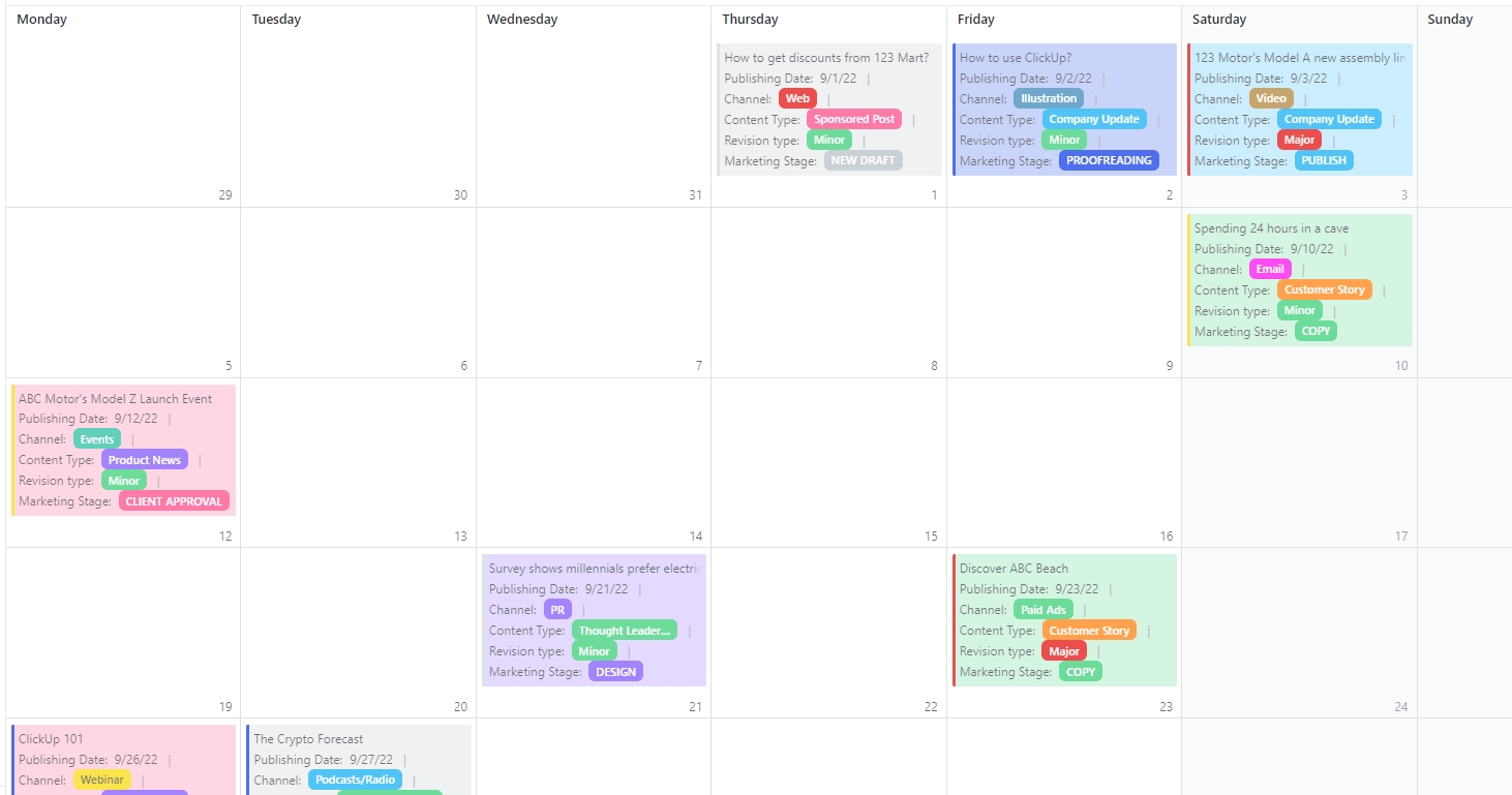 Vorlage für einen redaktionellen Kalender von ClickUp