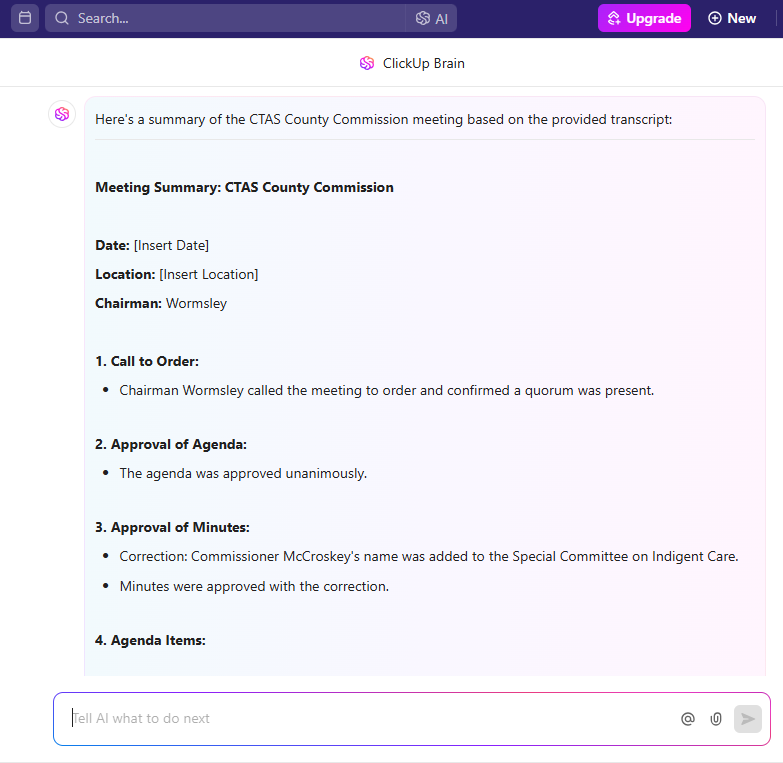 Turn meeting transcripts into an instant summary with ClickUp Brain