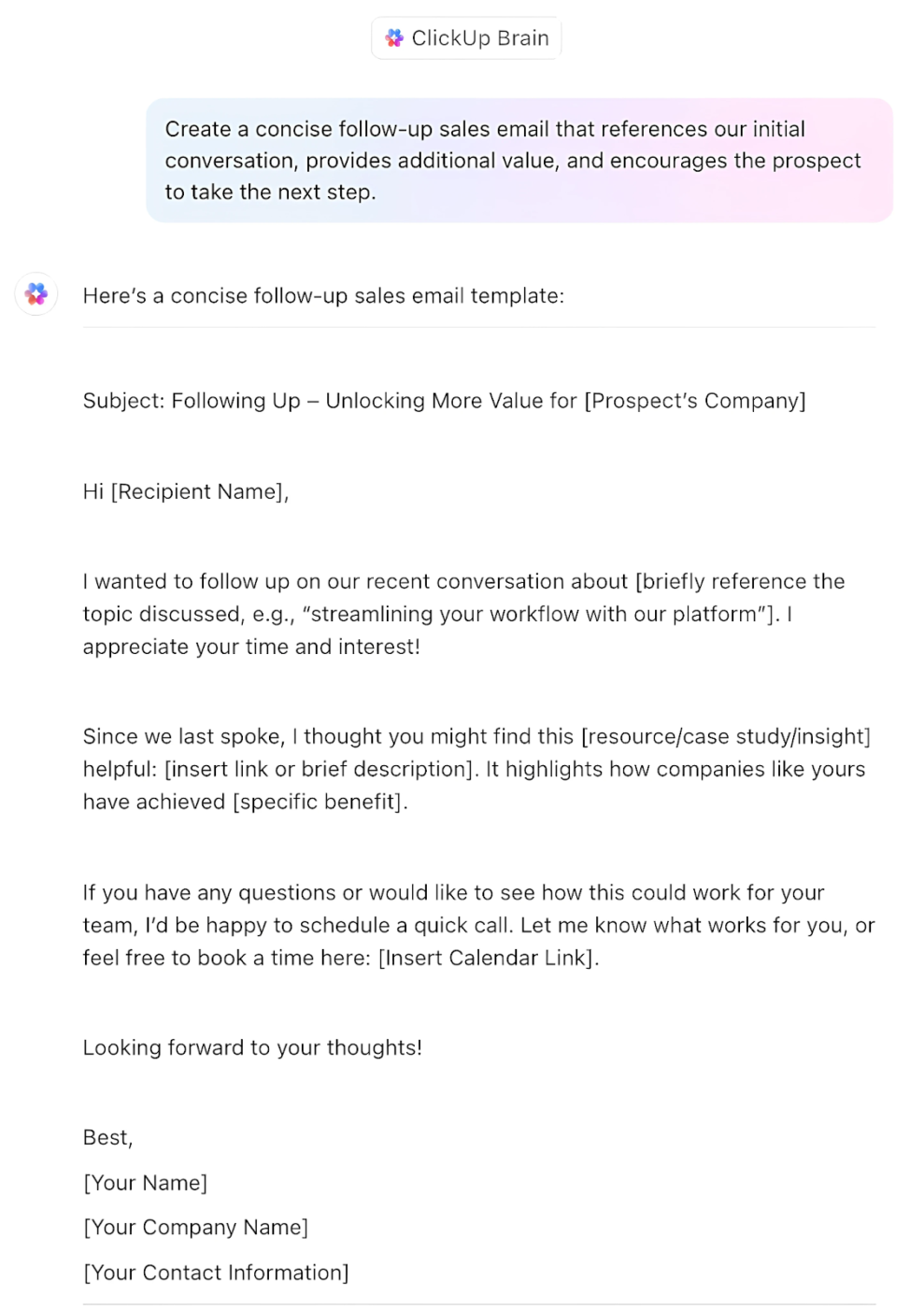 Follow-up after initial contact: ClickUp Brain