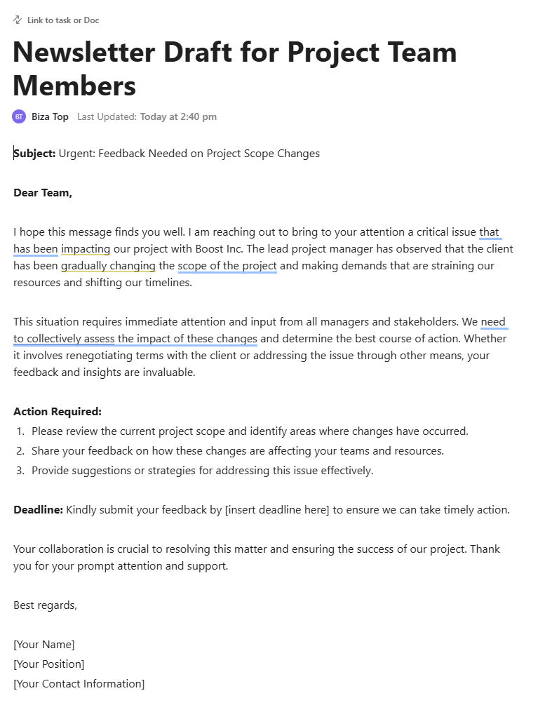 internal newsletter software: Draft impactful newsletters in seconds with only a simple prompt using ClickUp Brain