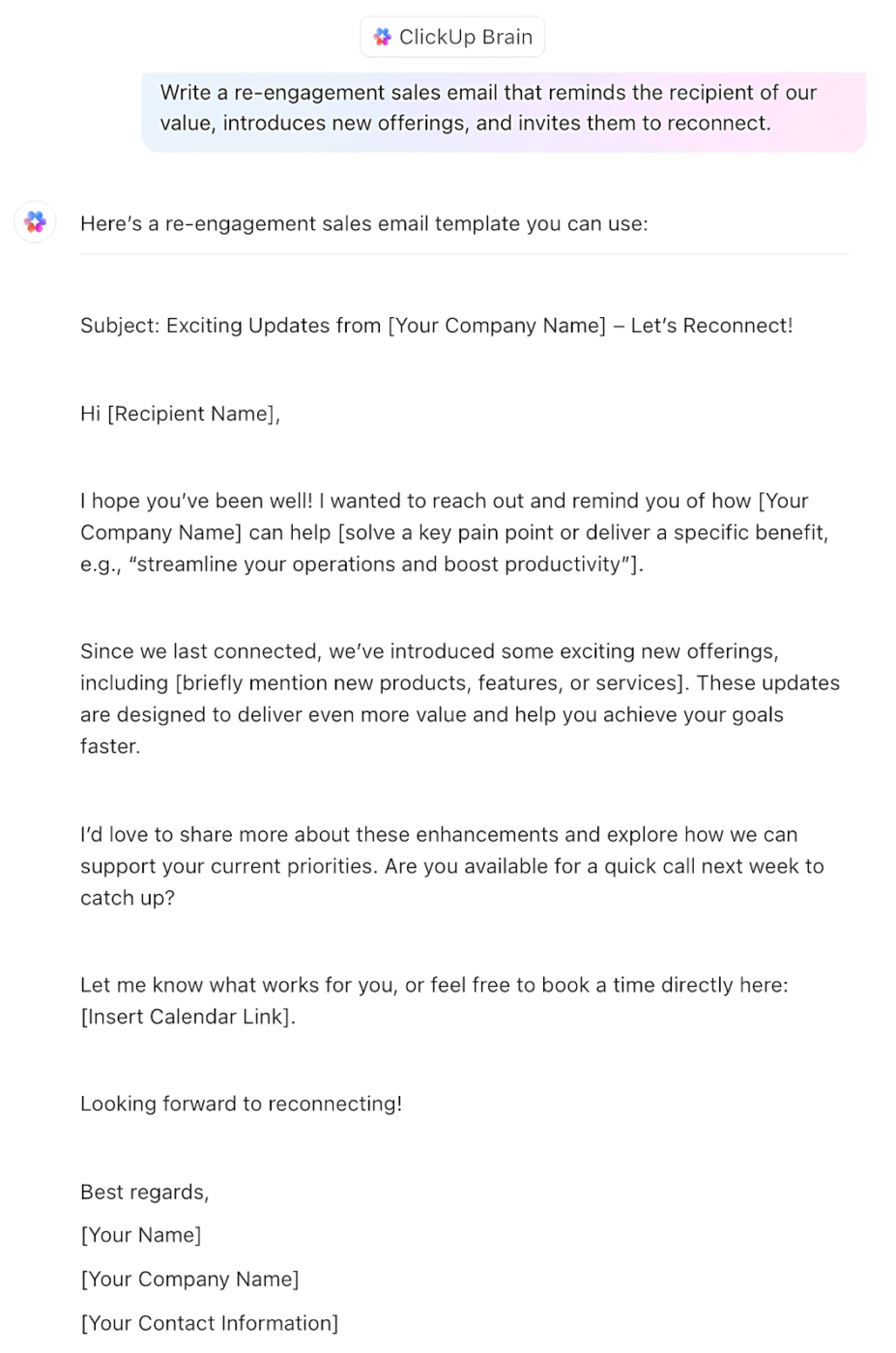 Sales Email Template: Re-engagement email: ClickUp Brain