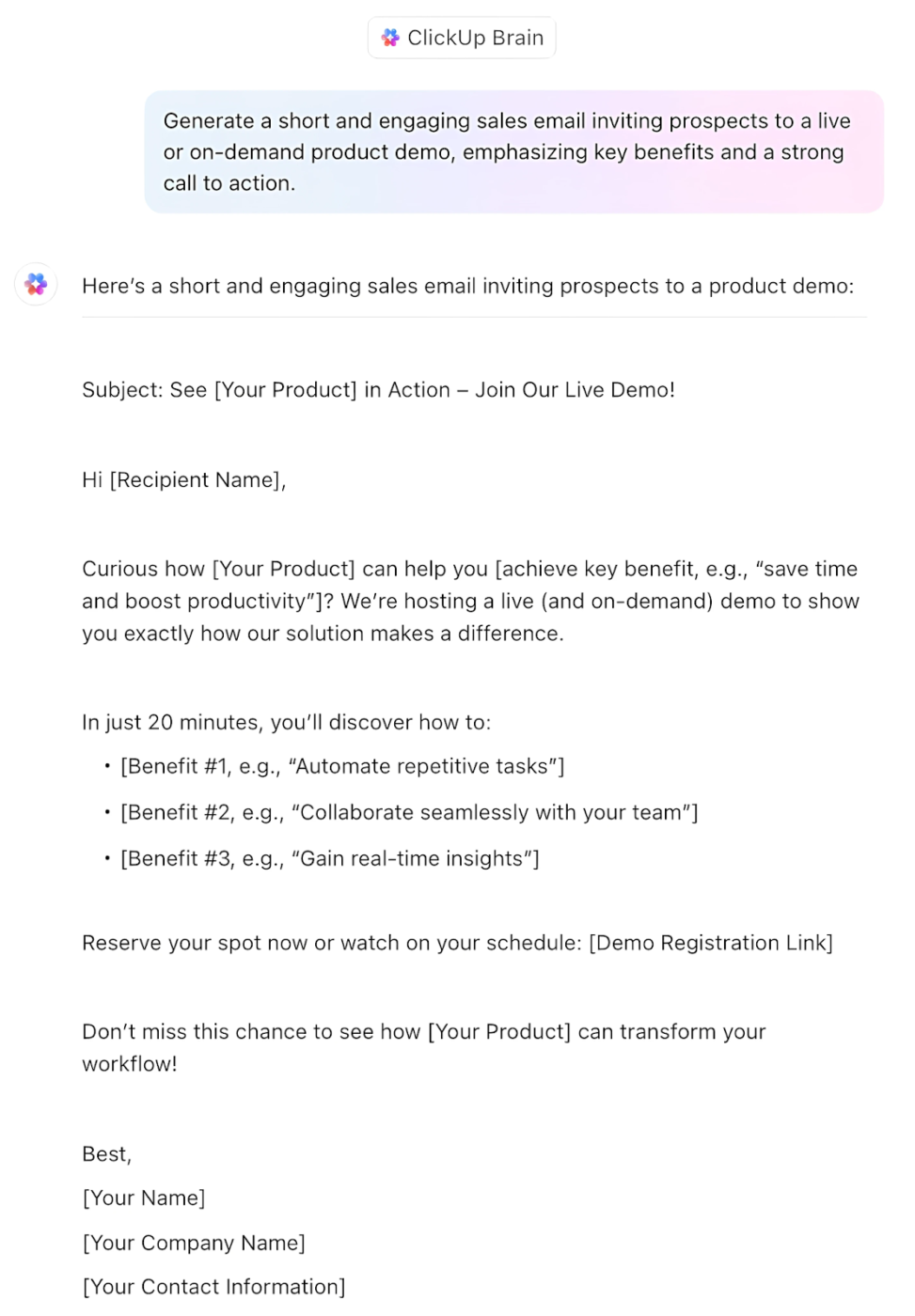 Product demo invitation: ClickUp Brain