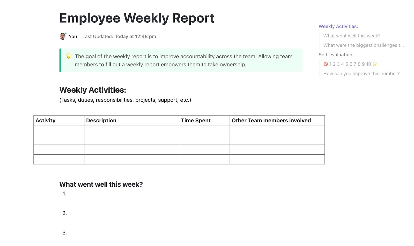 Weekly Status Report Template: ClickUp Employee Weekly Report Template 