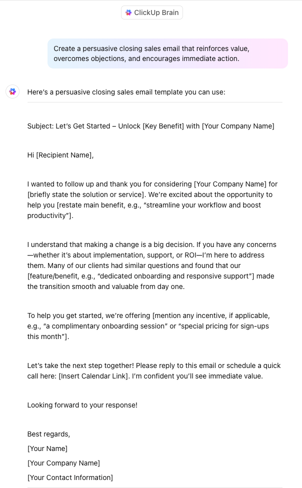 Closing the deal email: ClickUp Brain