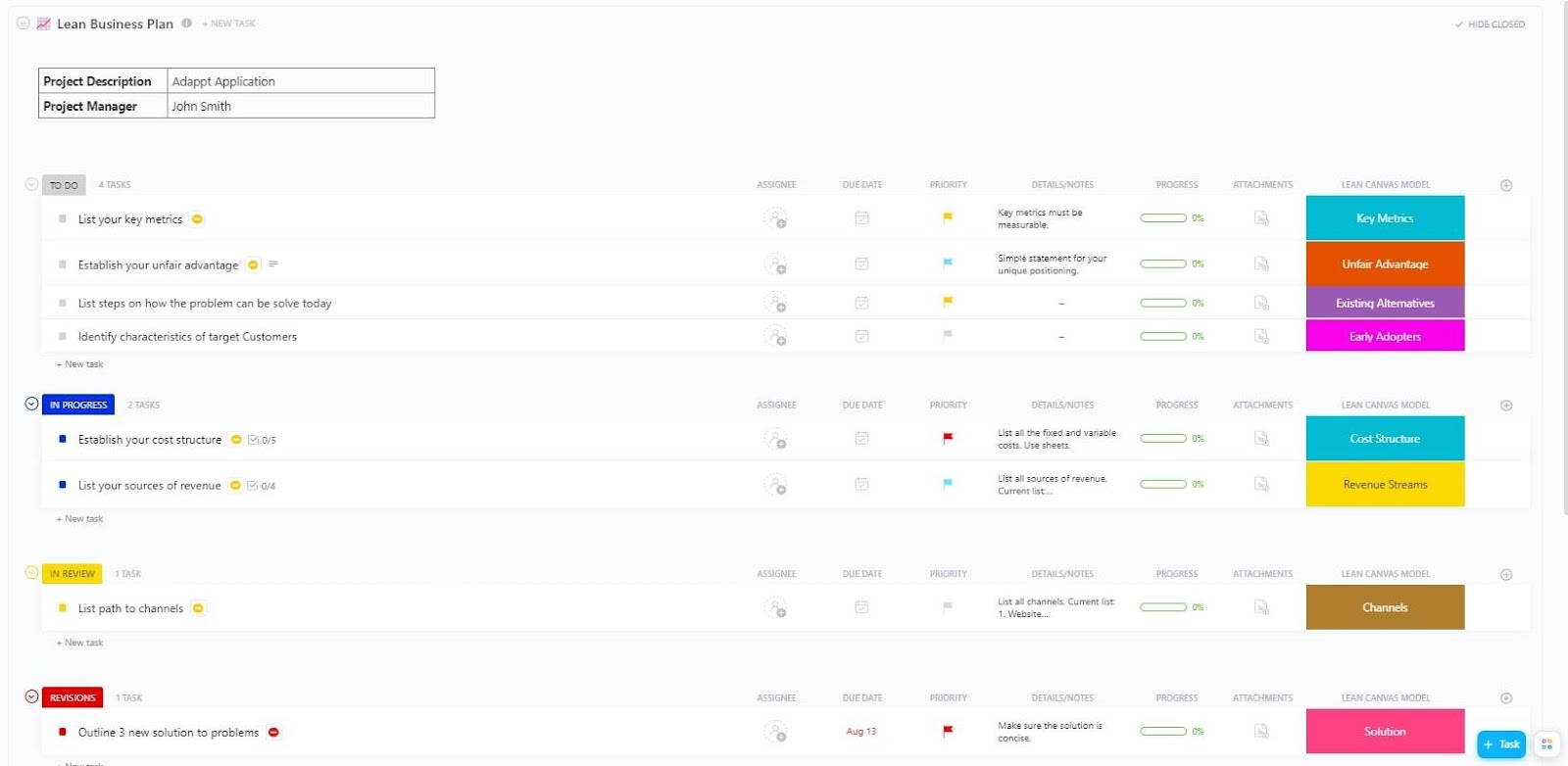 ClickUp Lean Business Plan Template