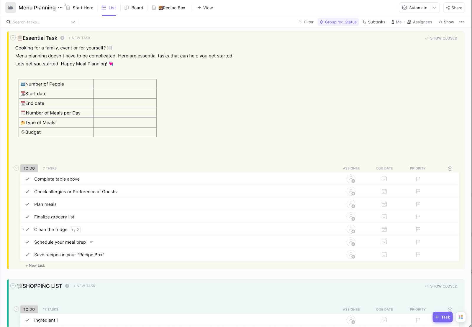 ClickUp Menu Planning Template