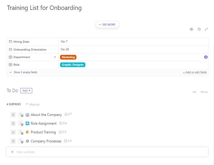 ClickUp Training List for Onboarding Template