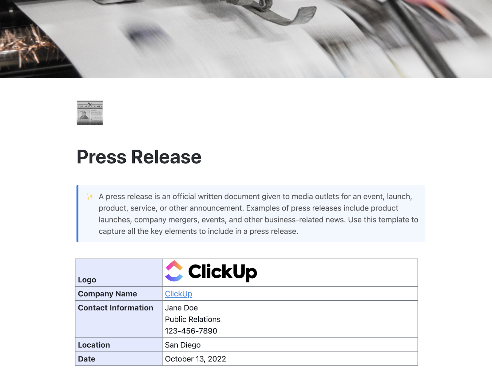 PR Report Templates: Craft a compelling press release that highlights your product's value with the ClickUp Press Release Template