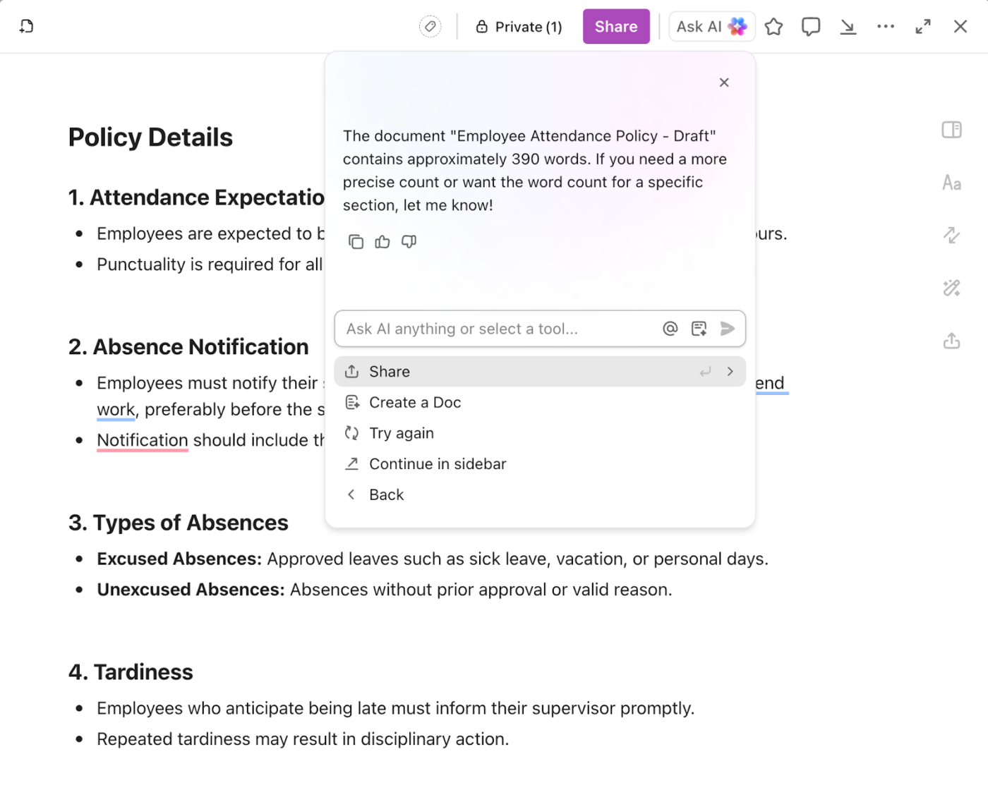Work with your team collaboratively without overstepping your word requirement with the powerhouse combo of ClickUp Docs + ClickUp Brain
