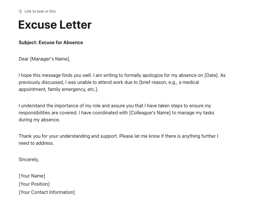 ClickUp Excuse for Absence Letter Template