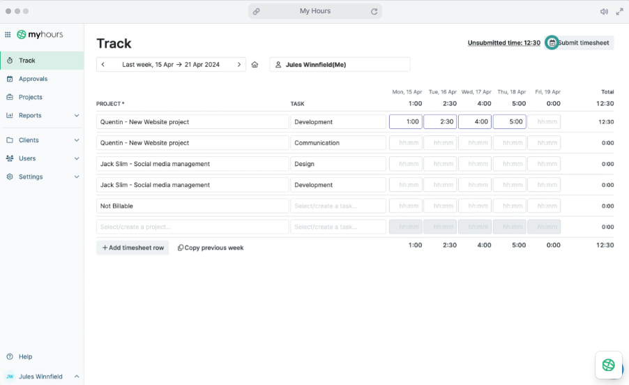 My Hours: Best for project-based time-tracking for small teams and freelancers