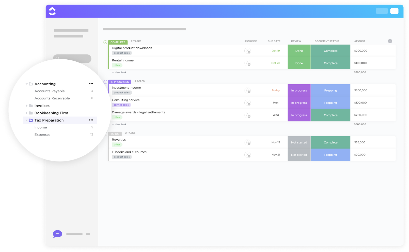 Modello ClickUp per la preparazione delle dichiarazioni dei redditi