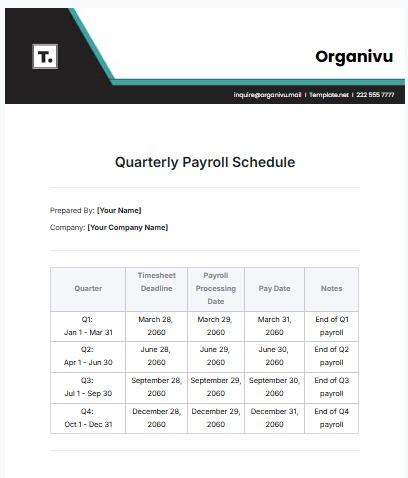 Modelli di calendario delle buste paga: modello di calendario trimestrale delle buste paga di Template.Net